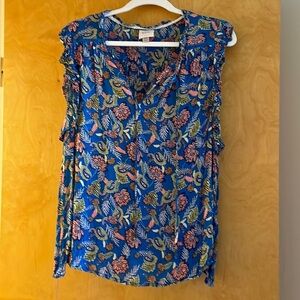 Knox Rose Women's XXL Peasant Top ~ Blue Pink & Pailsey Tie Neck